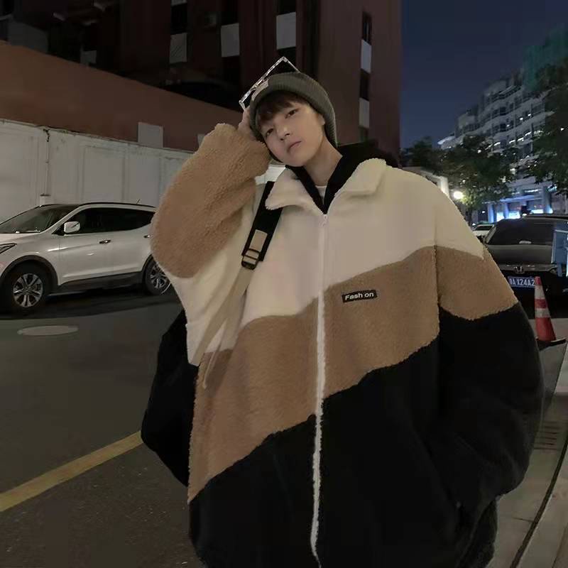Áo khoác cotton len lông cừu dáng rộng cổ cao phối ba màu thời trang cho nam và nữ