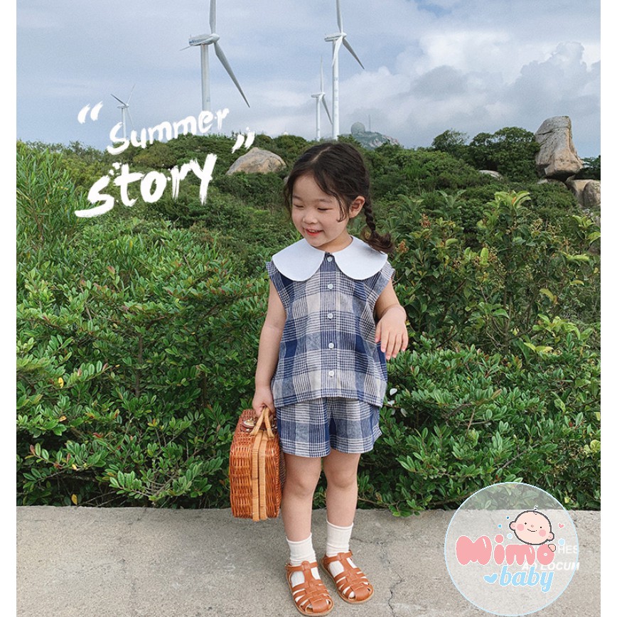 Bộ bé gái hè - Bộ kẻ xanh cổ cánh sen Mimo Baby