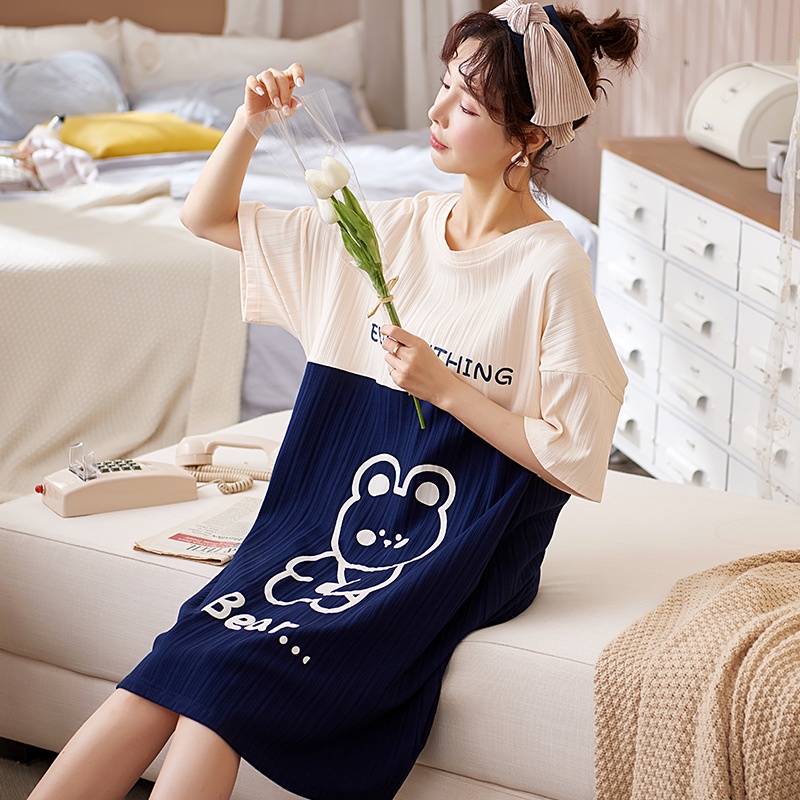 Đầm Ngủ Chất Liệu Cotton In Họa Tiết Hoạt Hình Phong Cách Hàn Quốc Thời Trang Mùa Hè Cho Nữ