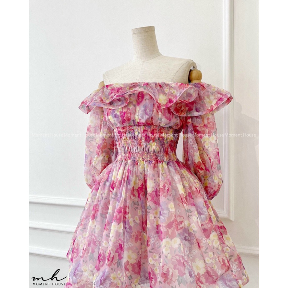 Đầm hoa xòe trễ vai , có tay , KIRA DRESS, may 2 lớp chuẩn xịn hàng thiết kế,form tùng xòe