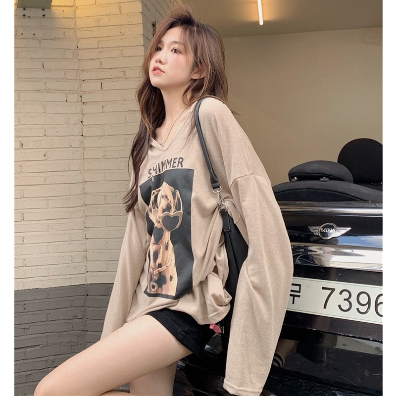 Áo Thun Hoodie Tay Dài Dáng Rộng In Hình Thời Trang Mùa Thu