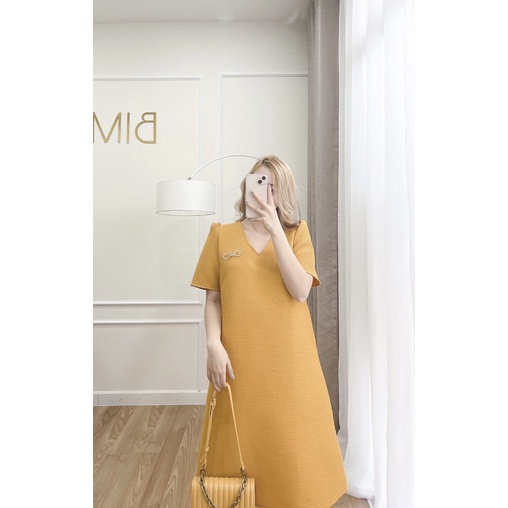 ĐẦM CỔ V KEM TAG NƠ - BIMI