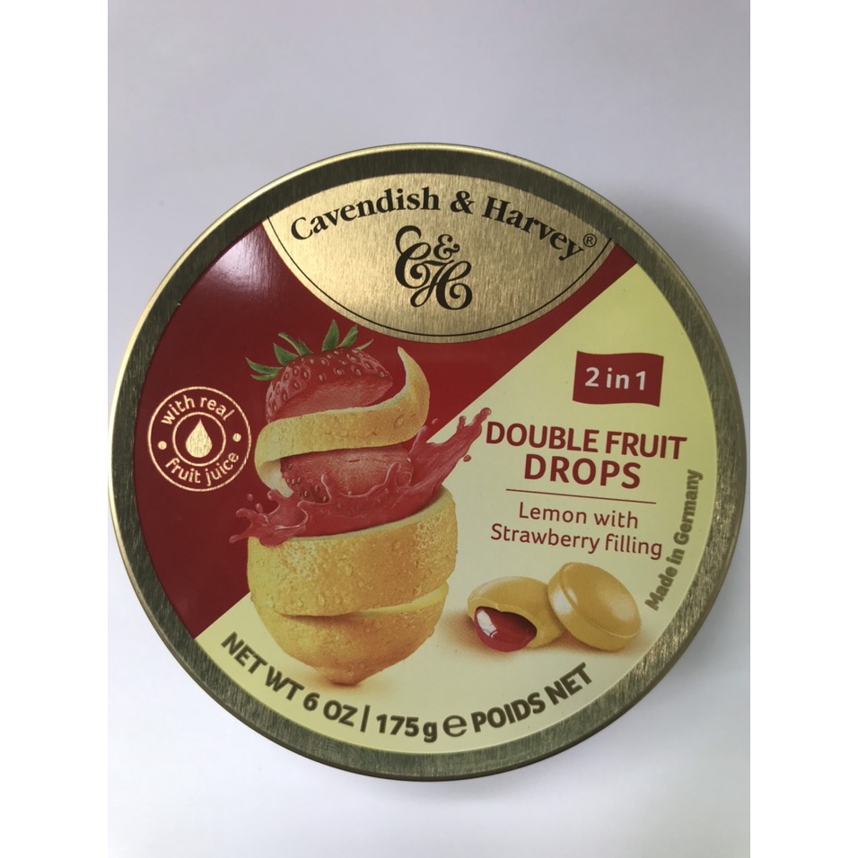 Kẹo Hộp Thiếc Đức Cavendish Harvey Hương Chanh Nhân Dâu Lemon With Strawberry Filling (Hộp 175g)