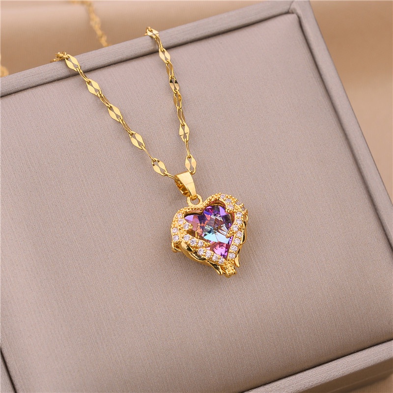 Dây chuyền titan nữ vòng cổ TITAN KHÔNG GỈ mạ vàng 18k mặt đá pha lê đổi màu hình trái tim sang trong mẫu mới 2021