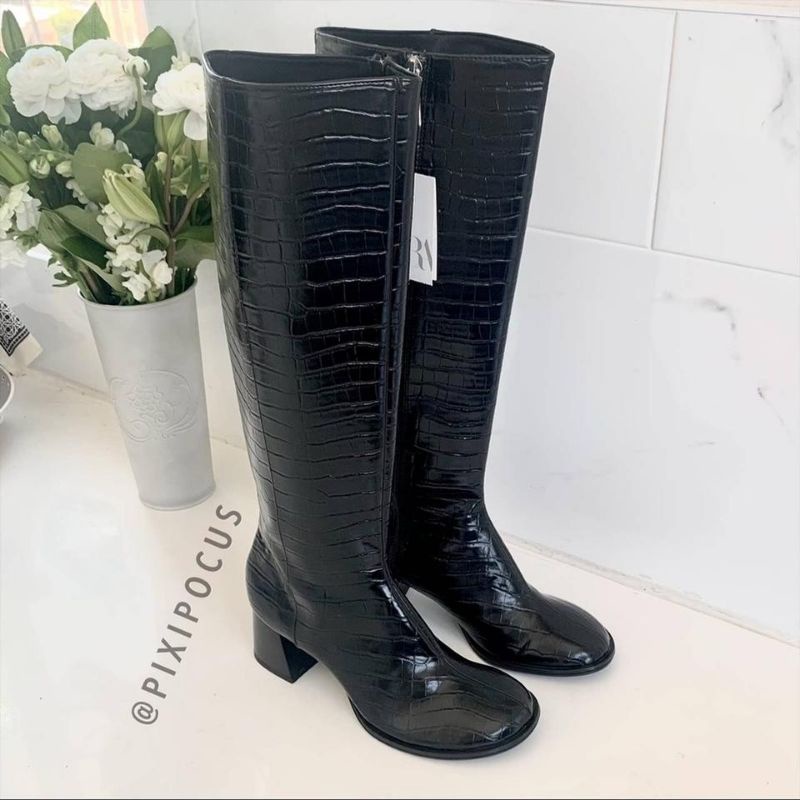 Giày boot đùi lửng Zara cao gót hoạ tiết vân cá sấu da pu VNXK bốt nữ xuất khẩu dư xịn size 37