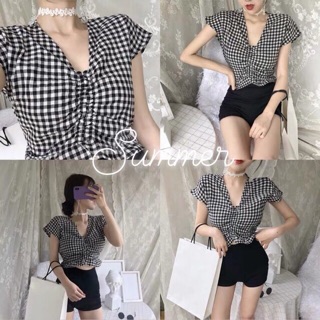 Áo croptop dây rút kẻ caro áo kiểu nữ
