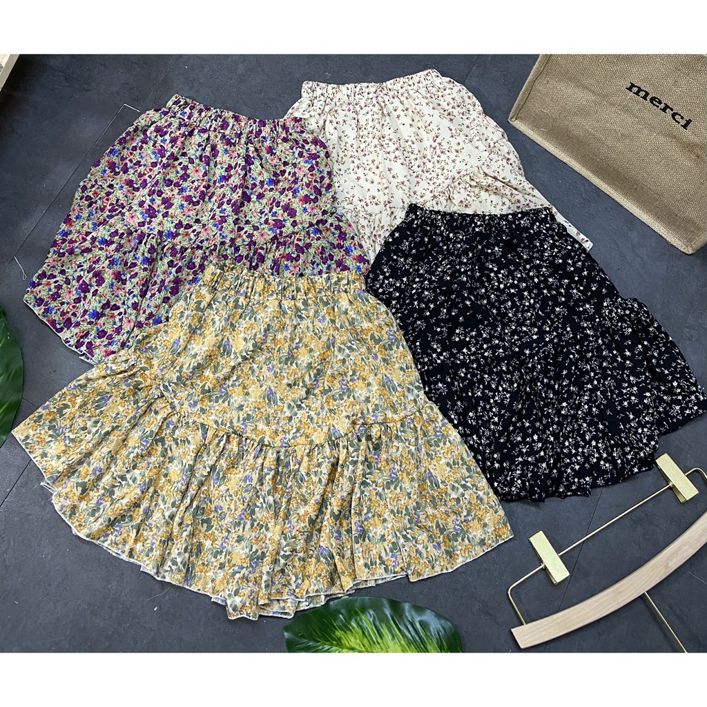 Chân Váy Vintage Họa Tiết Hoa Nhí - Chân Váy Hoa Nhí Phong Cách Chất Vải Voan 2 Lớp CV17