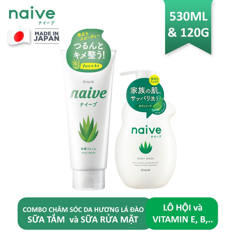 Combo chăm sóc da mặt và body Naive : Sữa rửa mặt lô hội 130gr + Sữa tắm lô hội 530ml