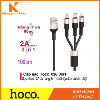 Dây sạc đa năng chính hãng hoco x26 3 đầu phone - microusb - typec, cáp sạc 3 đầu dòng sạc 2A dài 1m - BH 12 T