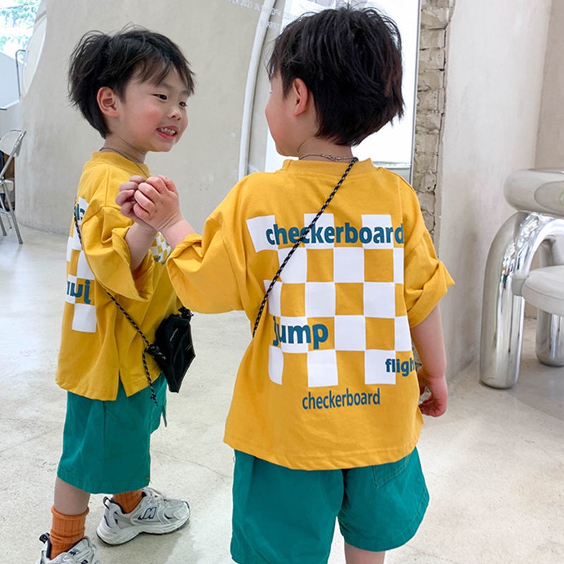 [Babycat] Hàng Có Sẵn Áo Thun Tay Ngắn Phong Cách Hàn Nhật Thời Trang Mùa Hè In Họa Tiết Bàn Cờ Màu Vàng Phong Cách Hàn Quốc Hàng Mới Dành Cho Bé Trai 2022