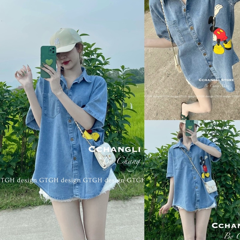 Áo sơ mi bò in hình mickey form thụng cộc tay dấu quần