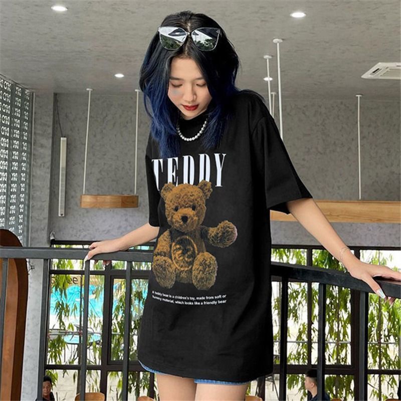 COZOK Áo Thun Tay Ngắn Cổ Tròn Dáng Rộng In Hình Gấu Dễ Thương