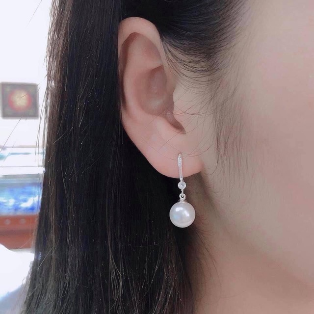 Bông tai móc trai nhân tạo gắn thêm đá nhân tạo bạc ta