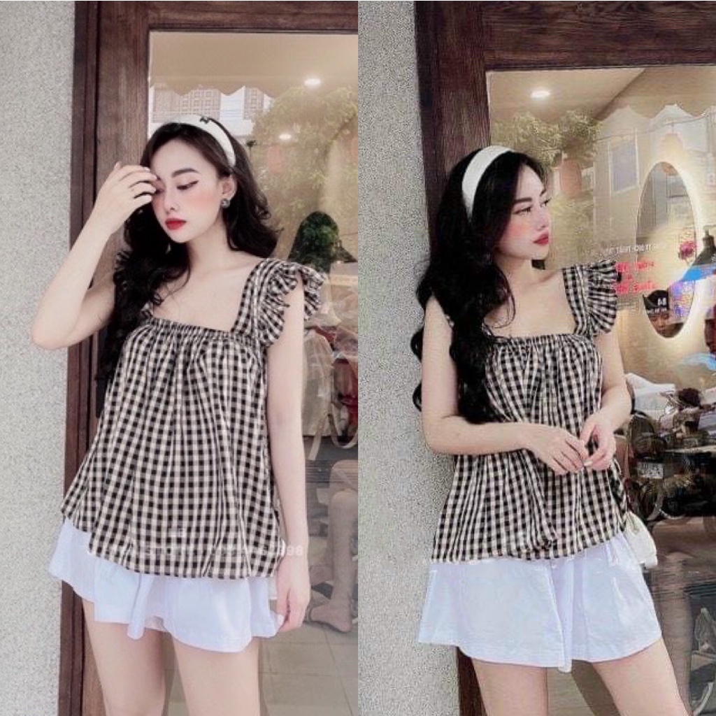 [SET ĐỒ BỘ] Set Trang Phục Nữ Áo 2 Dây Cánh Tiên Kẻ Phối Quần Màu Siêu Thoải Mái | BigBuy360 - bigbuy360.vn