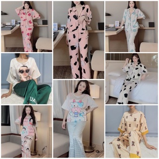 Bộ lụa cánh dơi quần dài, bộ pijama cánh dơi quần dài bò sữa, đồ bộ bò sữa cánh dơi mặc nhà lụa satin mát lịm