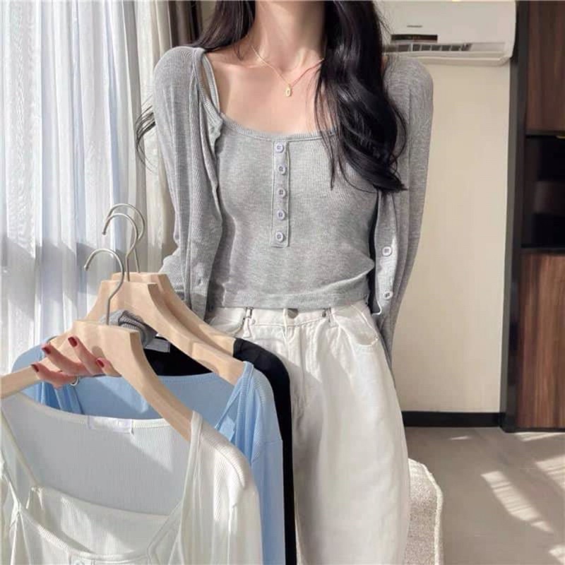 [Ảnh thật/Video]Set 2 Món gồm áo Cadigan và Áo 2 dây Nữ cúc ngực