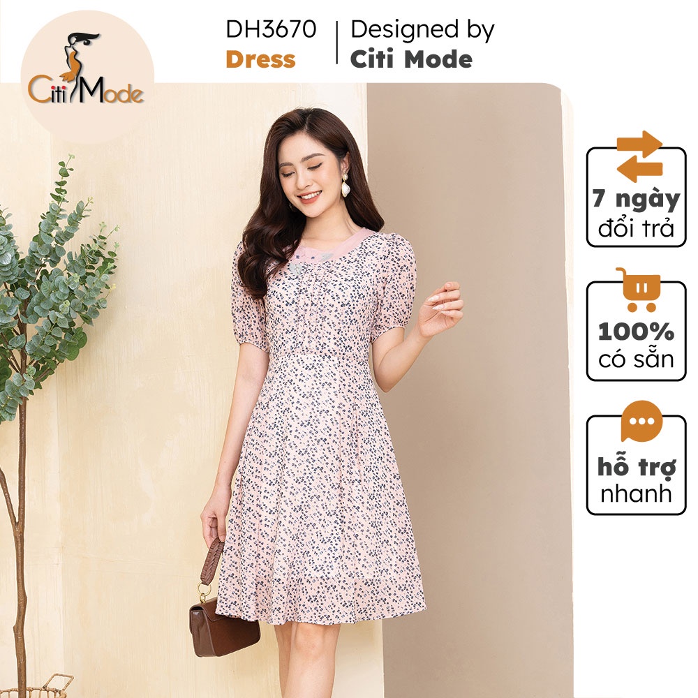 Đầm nữ thiết kế CITI MODE dáng xòe họa tiết hoa nhí thêu hoa cao cấp DH3670