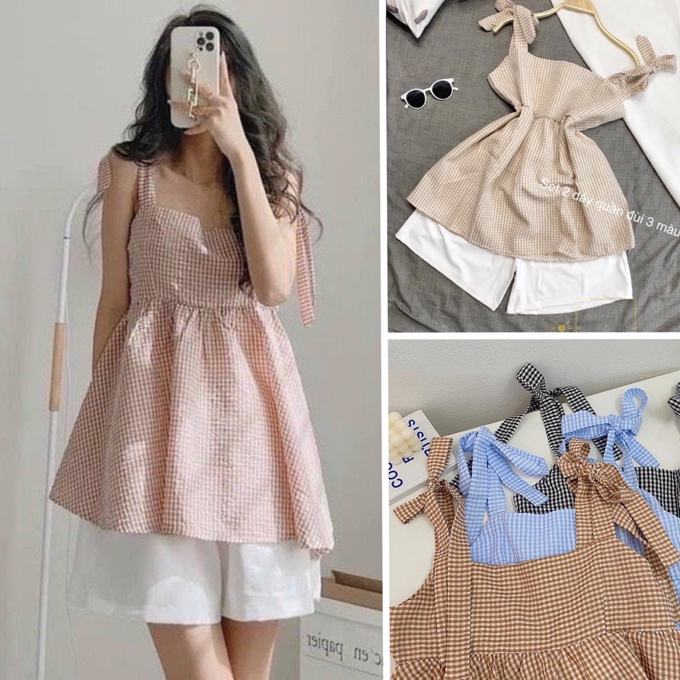 Set Bộ nữ - Sét Áo 2 dây buộc nơ vai kèm quần short Ulzzang đi biển mặc nhà cực xinh Haiyann Store