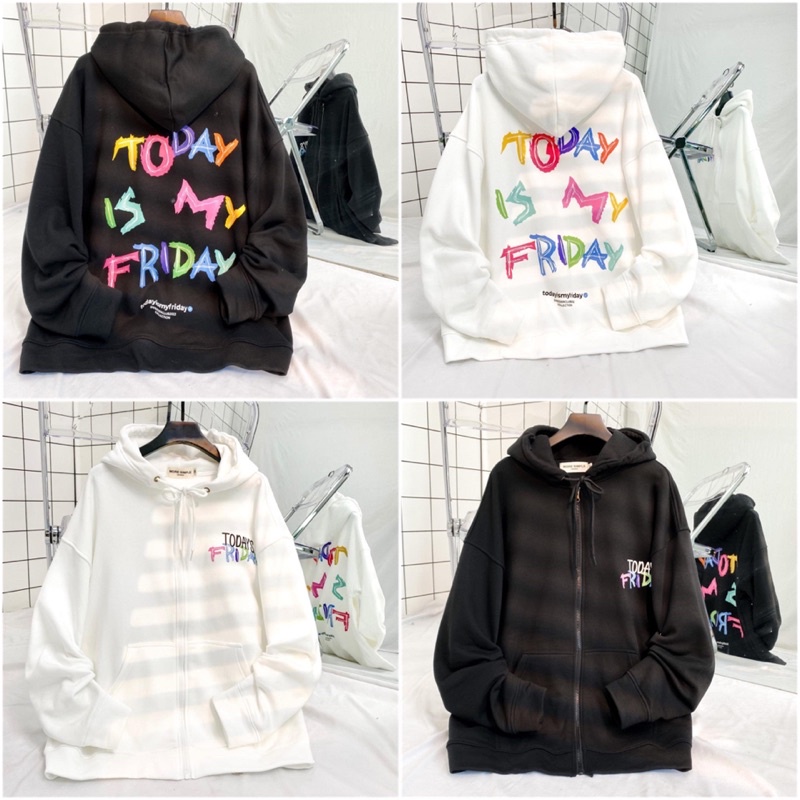 Áo Khoác Hoodie Nỉ Bông Unisex TODAY màu ĐEN/TRẮNG  Nam nữ unisex/Áo hoodie zip dây kéo có mũ form rộng Jaystoree