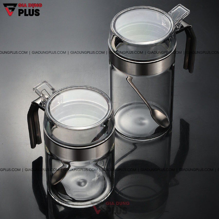 Lọ đựng gia vị thuỷ tinh chịu nhiệt, chịu lực cao cấp - tay cầm và viền inox 304 nắp bật PHALEDO