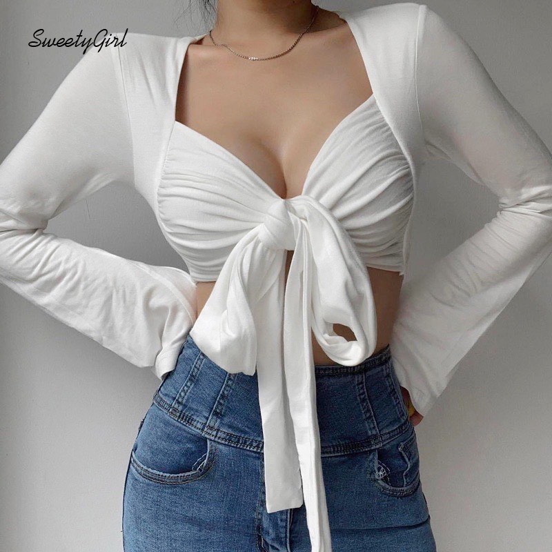 Áo Croptop Tay Dài Cổ Chữ V Màu Sắc Trơn Thiết Kế Khoét Sâu Quyến Rũ