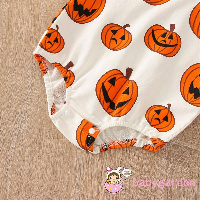 Áo Liền Quần Ngắn Tay Cổ Tròn In Họa Tiết Bí Ngô Hoạt Hình Phong Cách Halloween Cho Bé 0-3 Tuổi