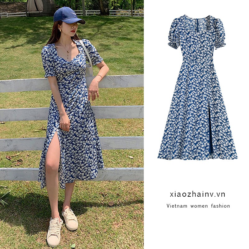 Xiaozhainv Đầm Maxi Tay Ngắn Cổ Chữ V Họa Tiết Hoa Phong Cách Retro | BigBuy360 - bigbuy360.vn