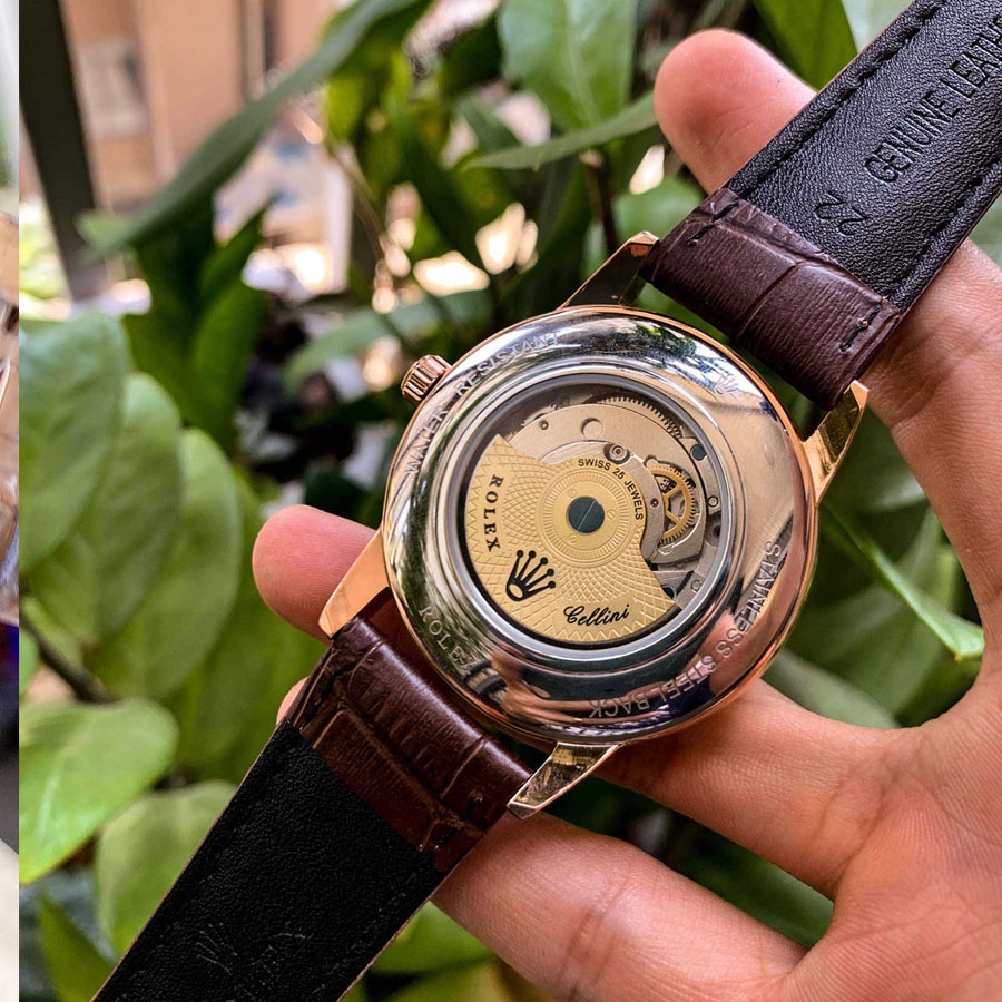 Đồng hồ Nam Rolex trăng sao cơ automatic mặt đen vỏ vàng gold dây da - dây kim loại size 40mm