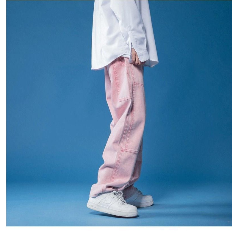Quần Jean Ống Rộng Màu Hồng Khoai Tây Chiên Phong Cách Hip Hop Thời Trang Mùa Xuân 2021 Mới