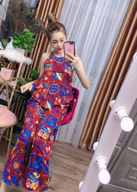 Đồ Bộ Nữ Mặc Nhà 💓FREESHIP 50K💓 Set Bộ Nữ Thổ Cẩm Cổ Yếm Hai Dây, Quần Dài Chất Lụa Cao Cấp Form<60kg