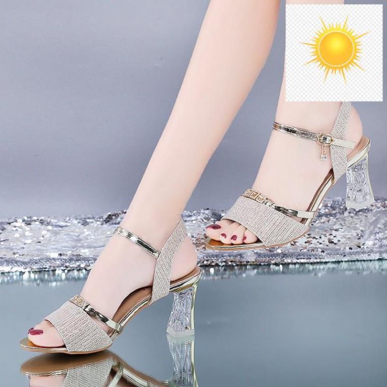 🛍️️🛒 🌺Giày Cao Gót Hở Mũi b20/ Đế Vuông Trong Suốt/ Cao 7cm/ Nhũ Sáng Sang Trọng 🛍️️🛒