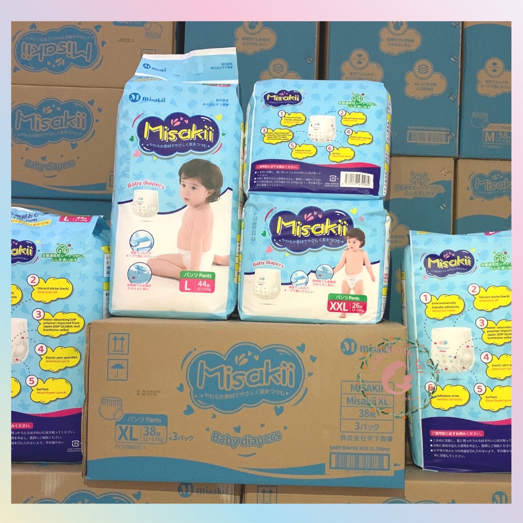 Tã Bỉm Misakii Dán/Quần siêu mỏng thương hiệu Nhật, đủ size NB90/S82/M64/L54/M58/L44/XL38/XXL26