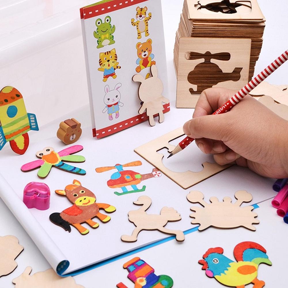 Đồ chơi giáo dục tập tô màu Bộ Khuôn hình gỗ an toàn cho bé tập vẽ gồm 48 chi tiết hoạt hình + Bút màu + Bút chì