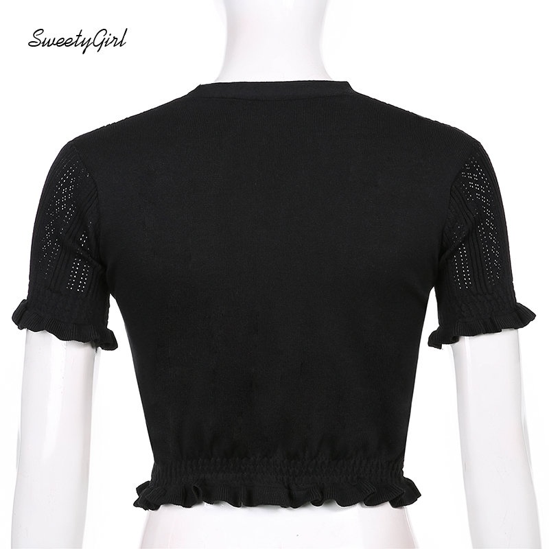 Áo Thun Dệt Kim Tay Ngắn Cổ Chữ V Màu Đen Trơn Cài Nút Thời Trang 2022 Quyến Rũ Cho Nữ