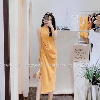 Váy lụa xẻ tà nhúm lệch vạt