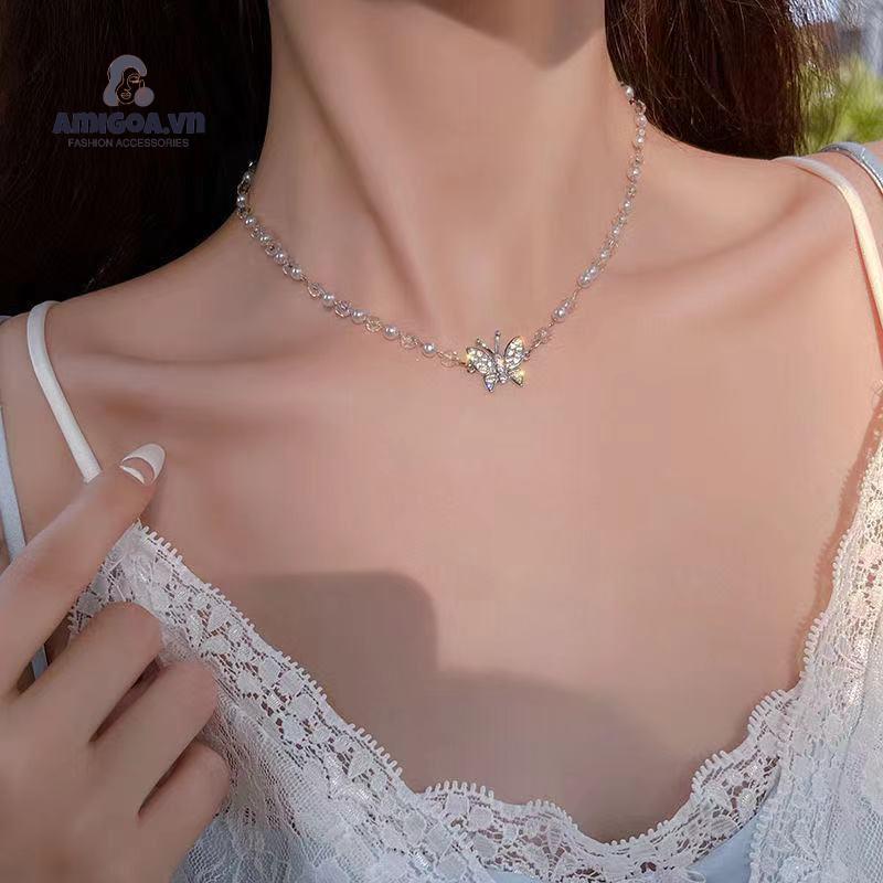 ✨✨Vòng cổ xỏ hạt ngọc trai giả mặt hình bươm bướm kiểu Hàn Quốc thời trang cho nữ