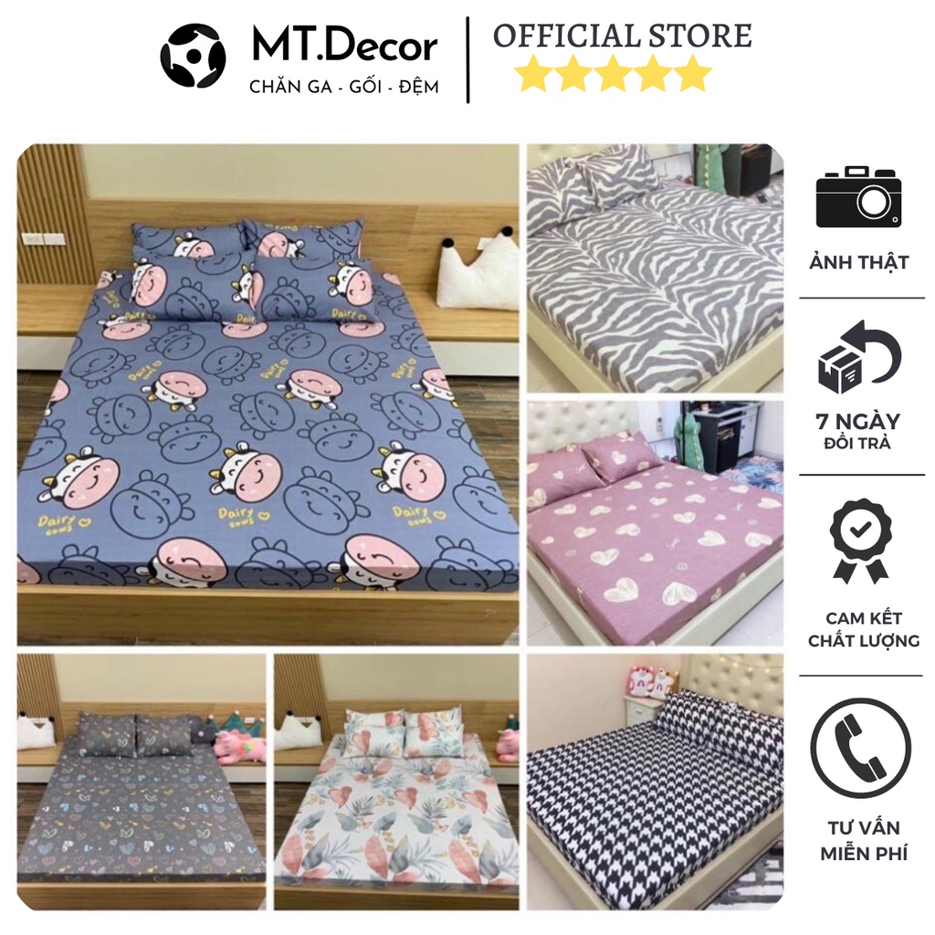 Bộ ga giường và 2 vỏ gối đầu cotton poly bo chun họa tiết thú, bộ 3 ga gối giá rẻ kích thước 1m6 và 1m8 - MT.Decor