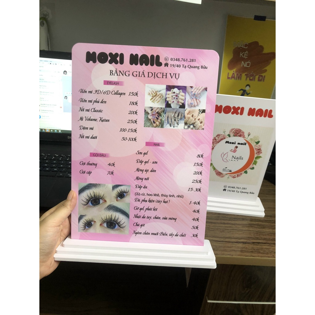 Menu để bàn có đế, bảng giá Spa, Nail Mi in uv theo yêu cầu 2 mặt 20x30 cm miến phí thiết kế