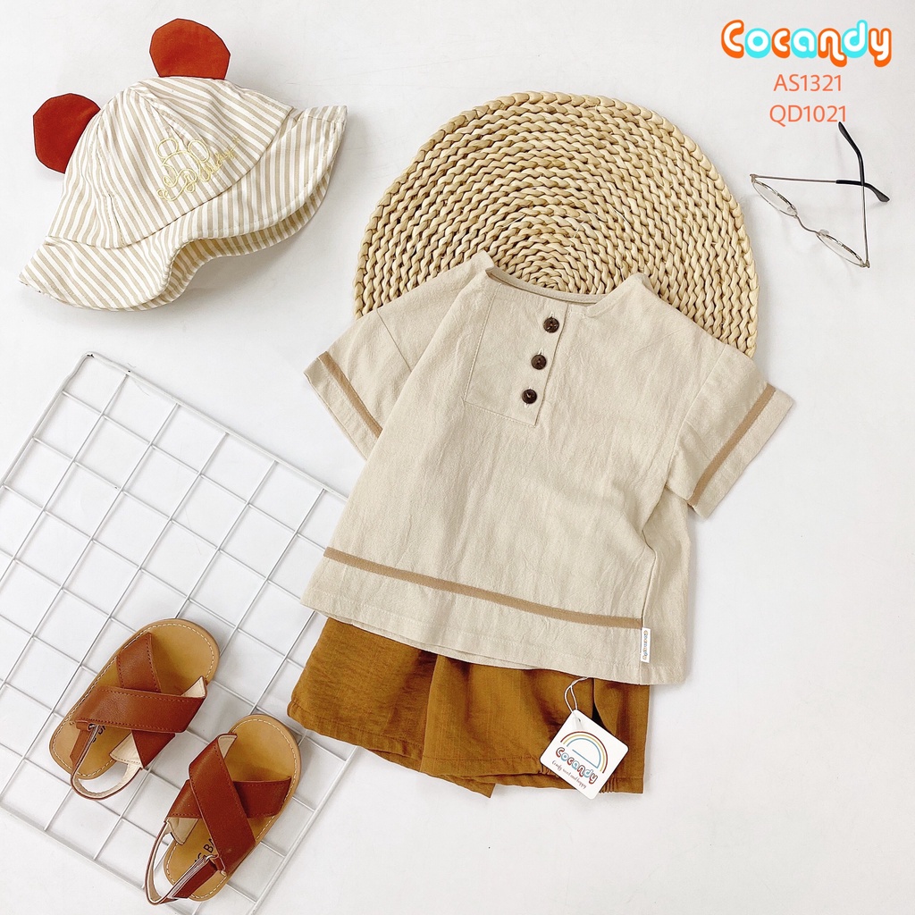 Set đồ cho bé- Áo CỘC be viền nâu và quần đũi nâu cho bé của COCANDY mã AS132179, QD102173