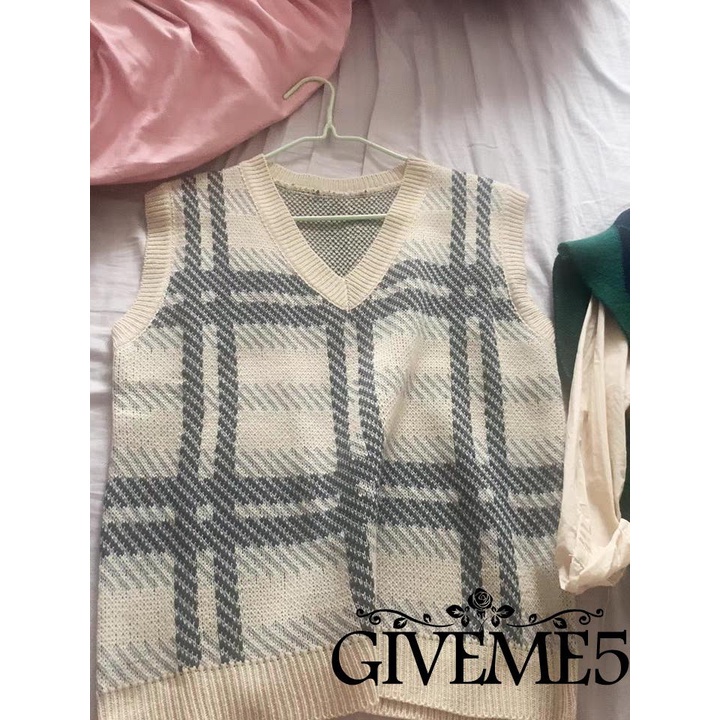 Áo len không tay cổ chữ V màu sắc vintage cho nữ