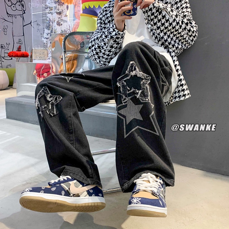 Quần Jeans Dài Ống Rộng Họa Tiết Ngôi Sao Thời Trang Cho Nam Size S-3XL