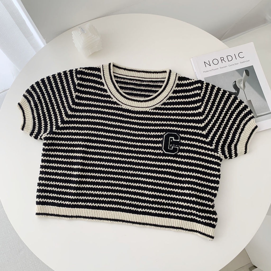 Áo Thun Ngắn Tay Cổ Tròn Họa Tiết Kẻ Sọc Phong Cách Retro Thời Trang Mùa Hè Cho Nữ