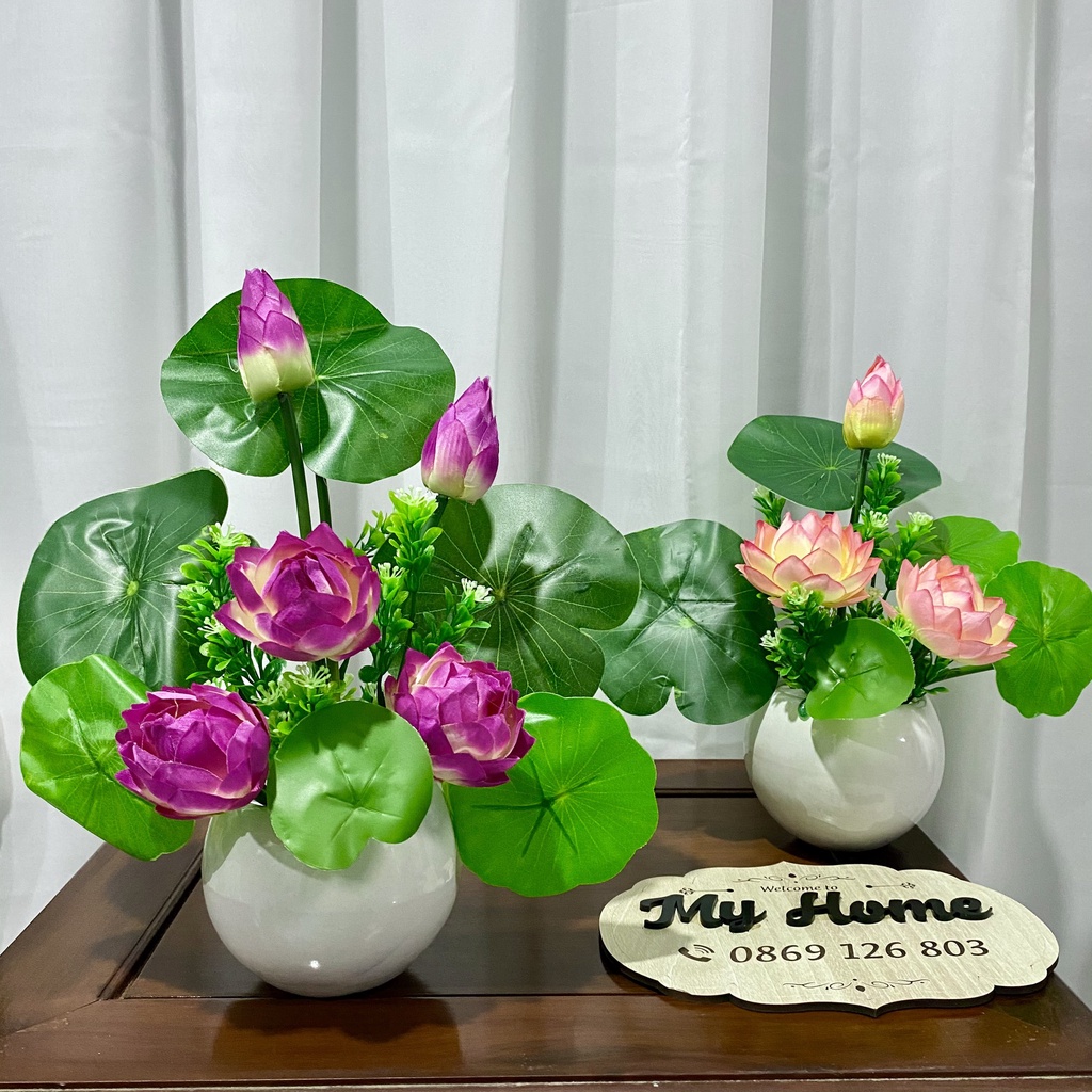 Hoa giả cắm sẵn - Chậu hoa sen giả cao cấp kèm bình sứ trang trí phòng khách, phòng ngủ, bàn trà.