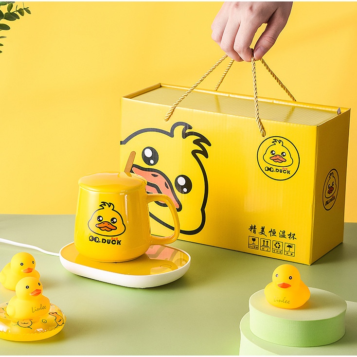 Cốc hâm nóng đồ uống thủy tinh QQ DUCK kèm đế điện, cốc chưng yến, cafe, sữa tặng thìa mạ vàng-  FULL BOX ( VỊT VÀNG)