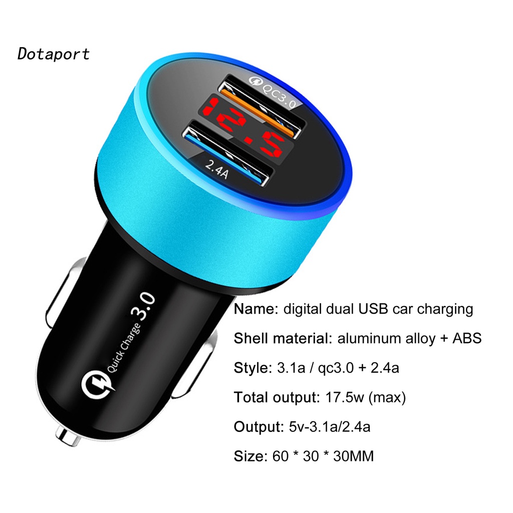 Tẩu sạc điện thoại hai cổng USB 3.1A/QC3.0 màn hình LED kỹ thuật số cho xe hơi
