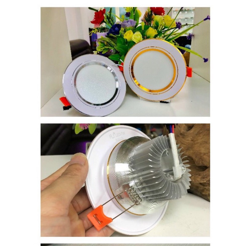 Đèn âm LED trần, Đèn âm trần đế đúc 7w, 3 chế độ sáng , đèn downlight phi 90 viền vàng/bạc