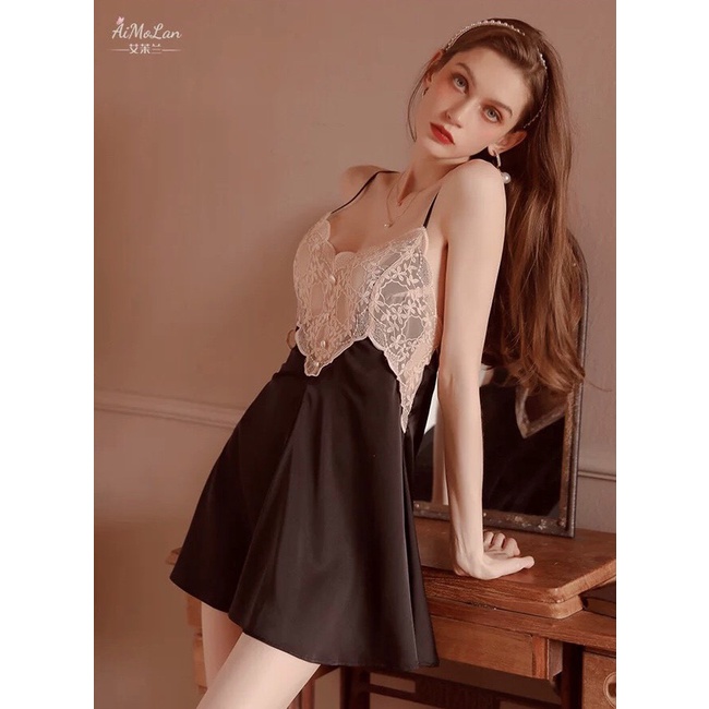 Váy ngủ, đầm ngủ lụa 2 dây phối ren ngực mềm - Hàng Quảng Châu cao cấp siêu hot hit 2022 - Queen.Sexy - VN49