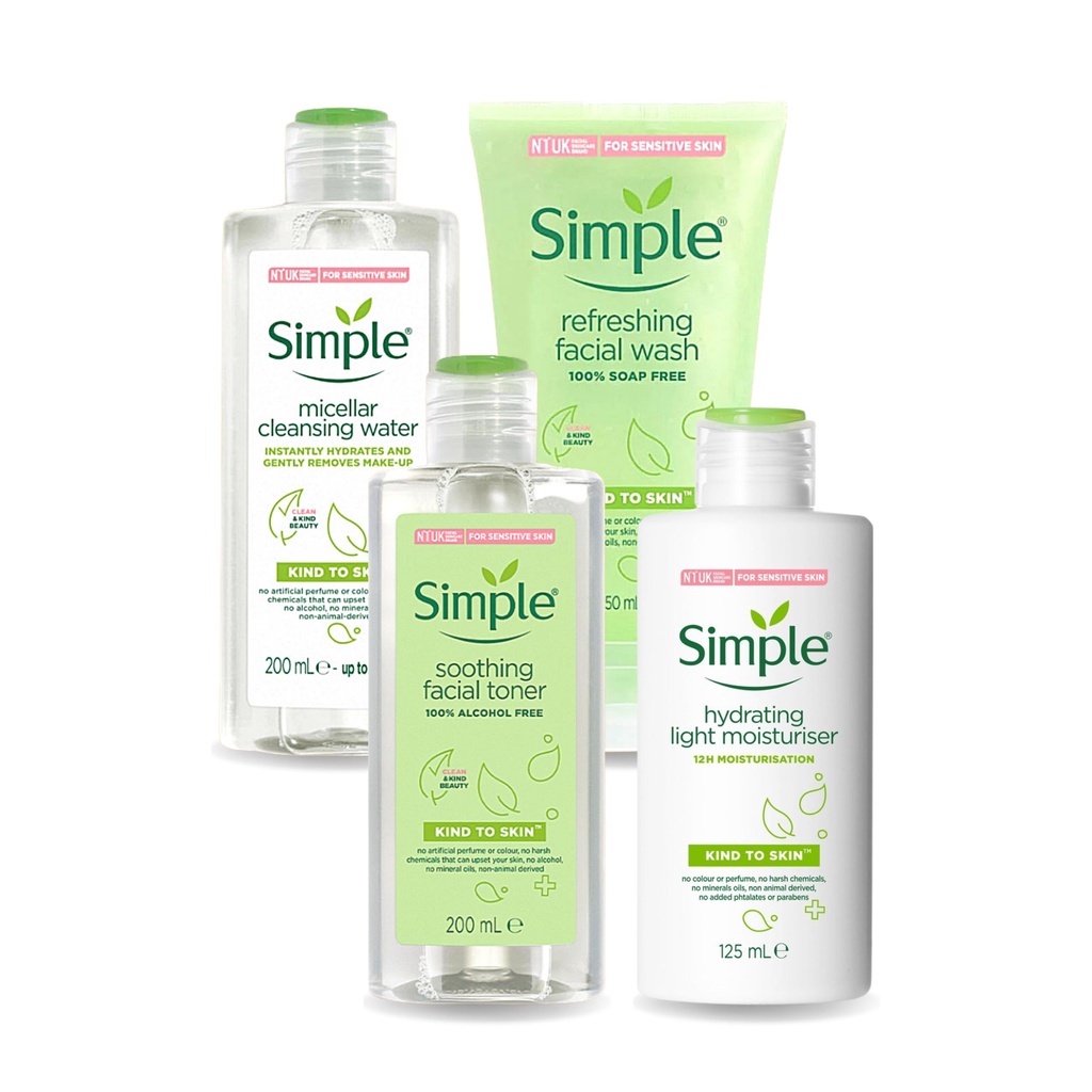 Combo Simple (Sữa Rửa Mặt + Nước Tẩy Trang + Toner  + Sữa Dưỡng) Dưỡng Da Dịu Nhẹ