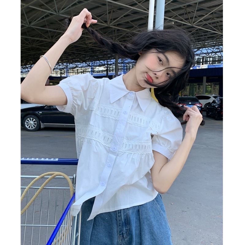 Áo Sơ Mi Tay Phồng Cổ Búp Bê Phối Ren Thời Trang Mùa Hè Pháp Cho Nữ