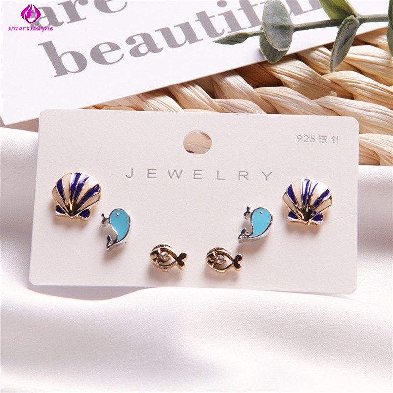 Set 3 Đôi Khuyên Tai Hình Hoa Đính Đá Dễ Thương Cho Nữ